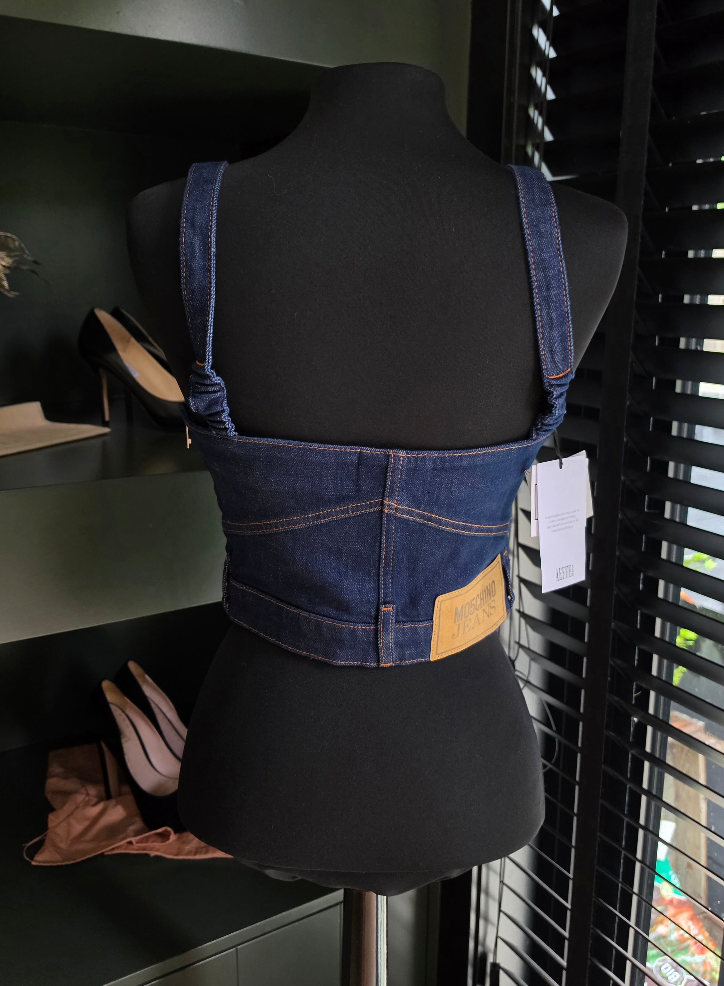 Moschino denim crop top bustier corset blauw M 38 tweedehands dames designer