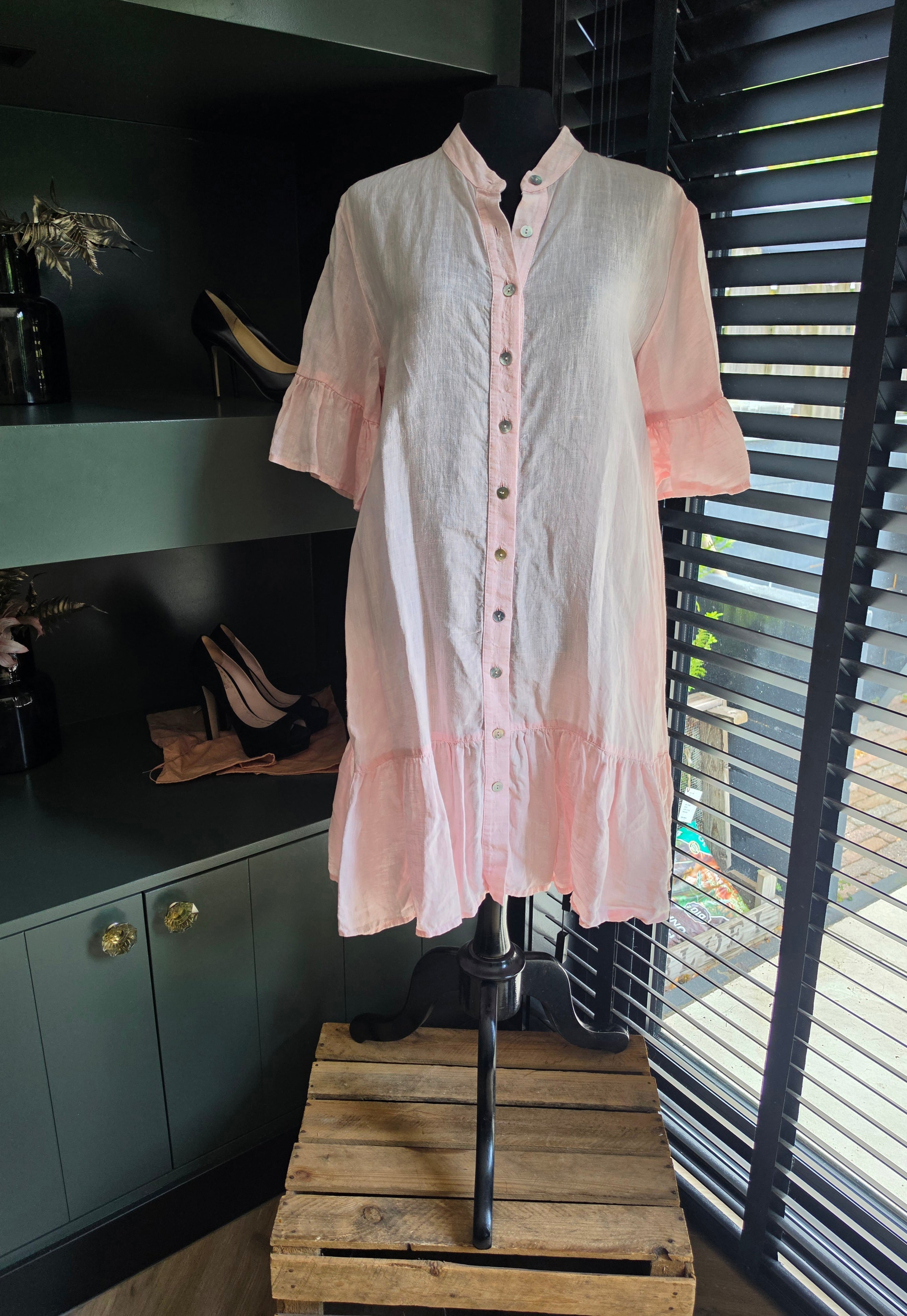 Apoella resortwear linnen jurk roze one size tweedehands dames