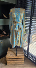 Diane von Furstenberg zijde midi jurk blauw oranje S tweedehands designer dames