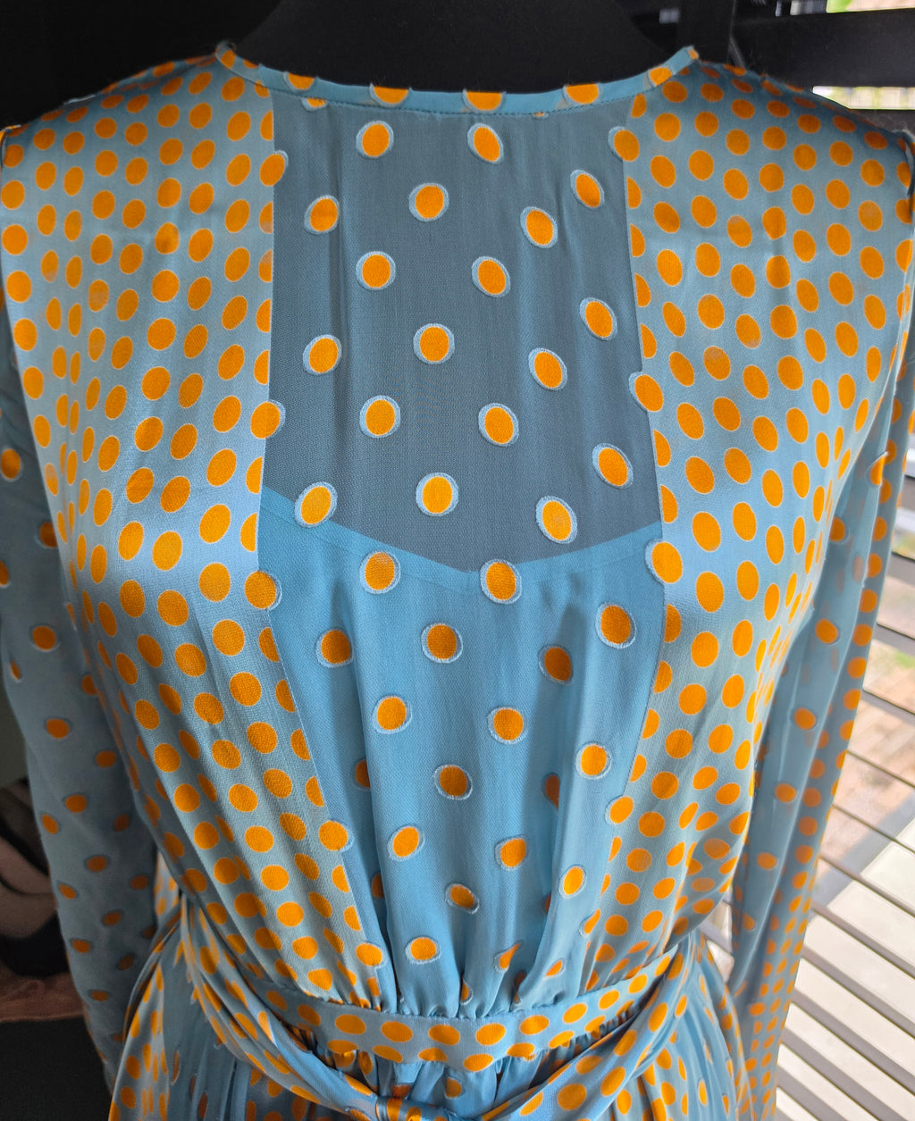 Diane von Furstenberg zijde midi jurk blauw oranje S tweedehands designer dames