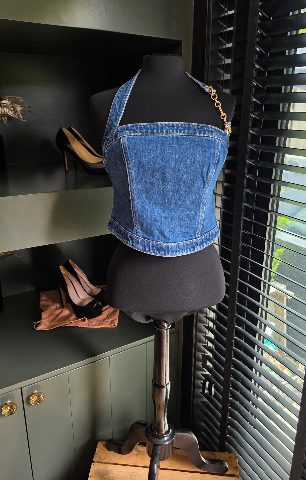Cult Gaia halter denim bustier top blauw S 36 tweedehands designer dames