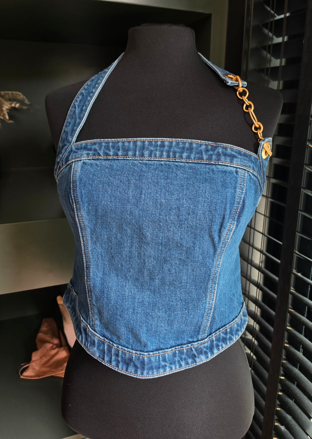 Cult Gaia halter denim bustier top blauw S 36 tweedehands designer dames
