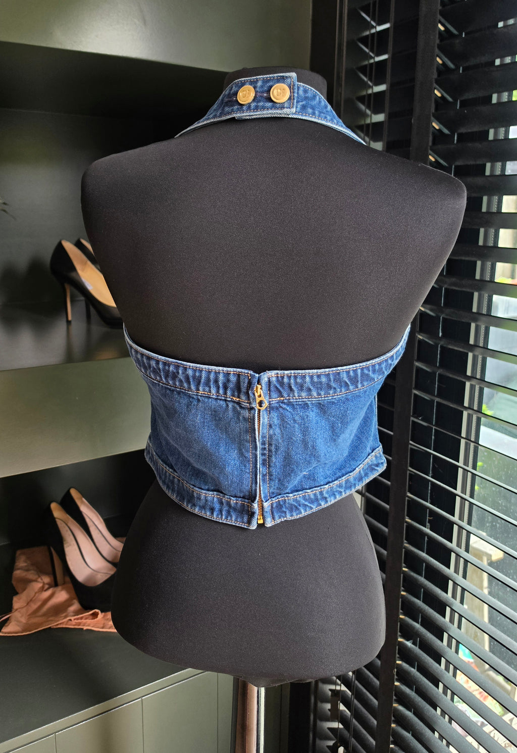 Cult Gaia halter denim bustier top blauw S 36 tweedehands designer dames