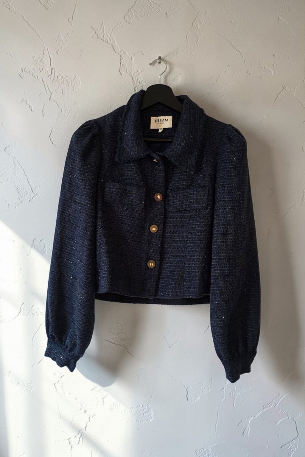 Dream catcher kort jasje blazer jacket tweed boucle blauw glitter 38 M tweedehands dames designer