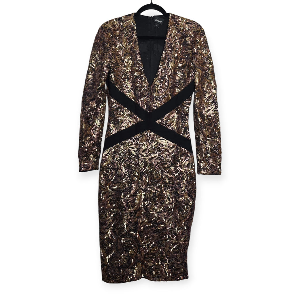 Just Cavalli bronze paisley pailletten midi jurk M 38 met split tweedehands dames designer