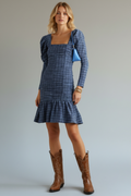 Ganni mini check Granade Sky jurk blauw FR44 42 xl ruffle pofmouw tweedehands dames designer
