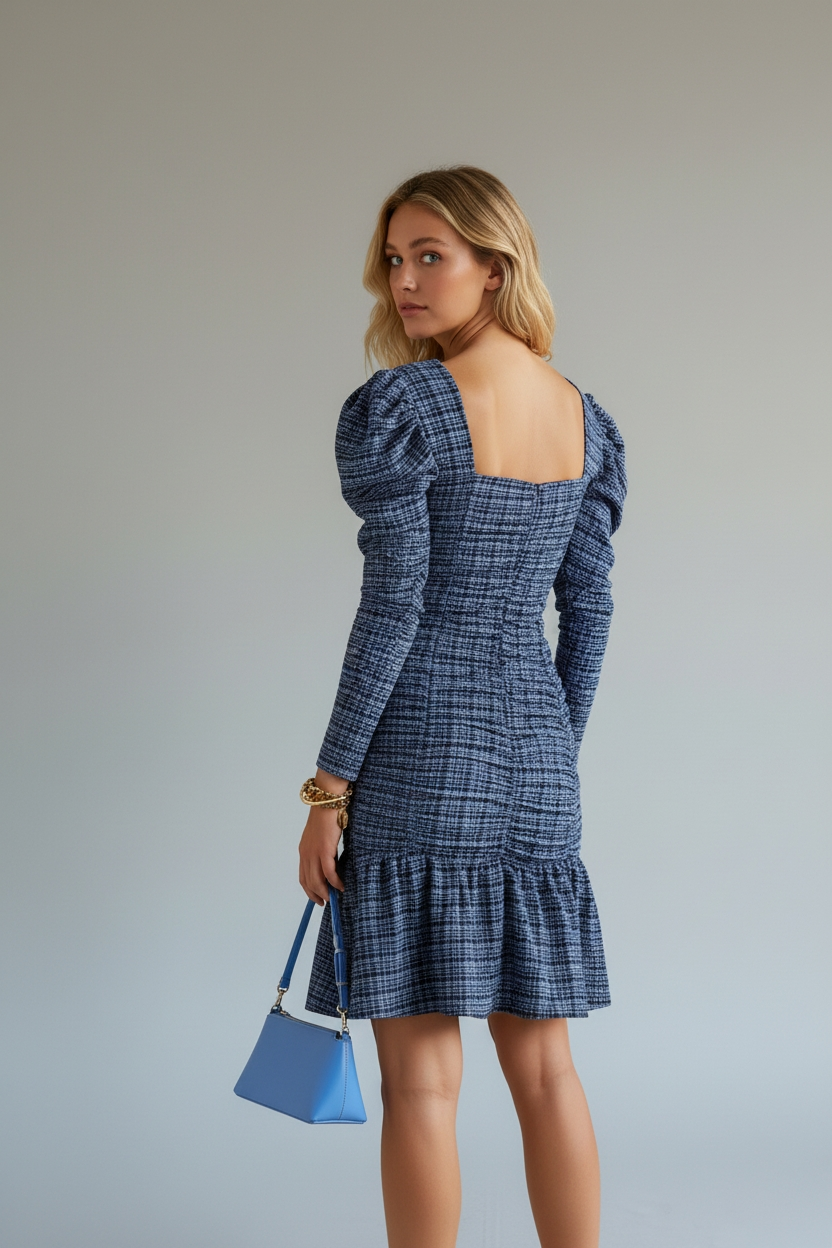 Ganni mini check Granade Sky jurk blauw FR44 42 xl ruffle pofmouw tweedehands dames designer