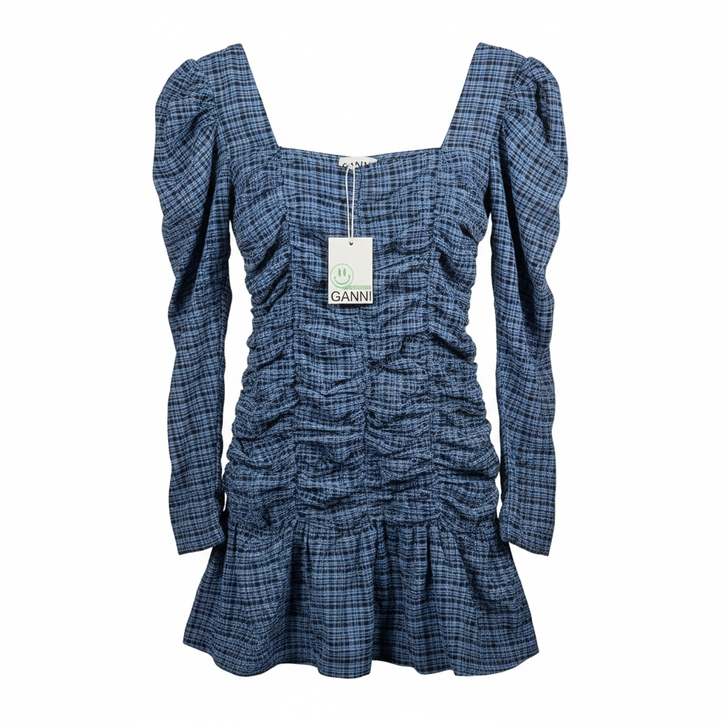 Ganni mini check Granade Sky jurk blauw FR44 42 xl ruffle pofmouw tweedehands dames designer