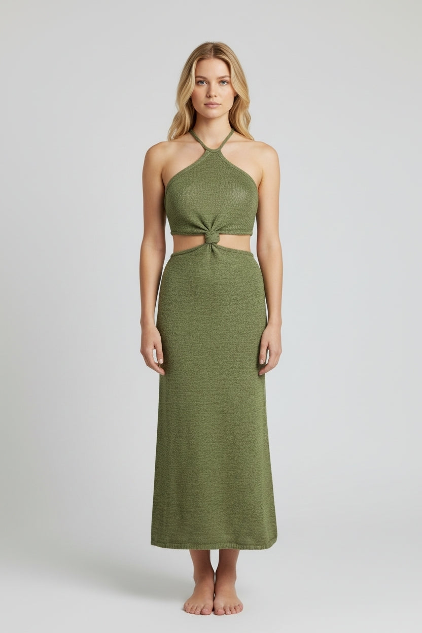 Cult Gaia Cameron olive knit jurk XL – cut-out midi dress – nieuw