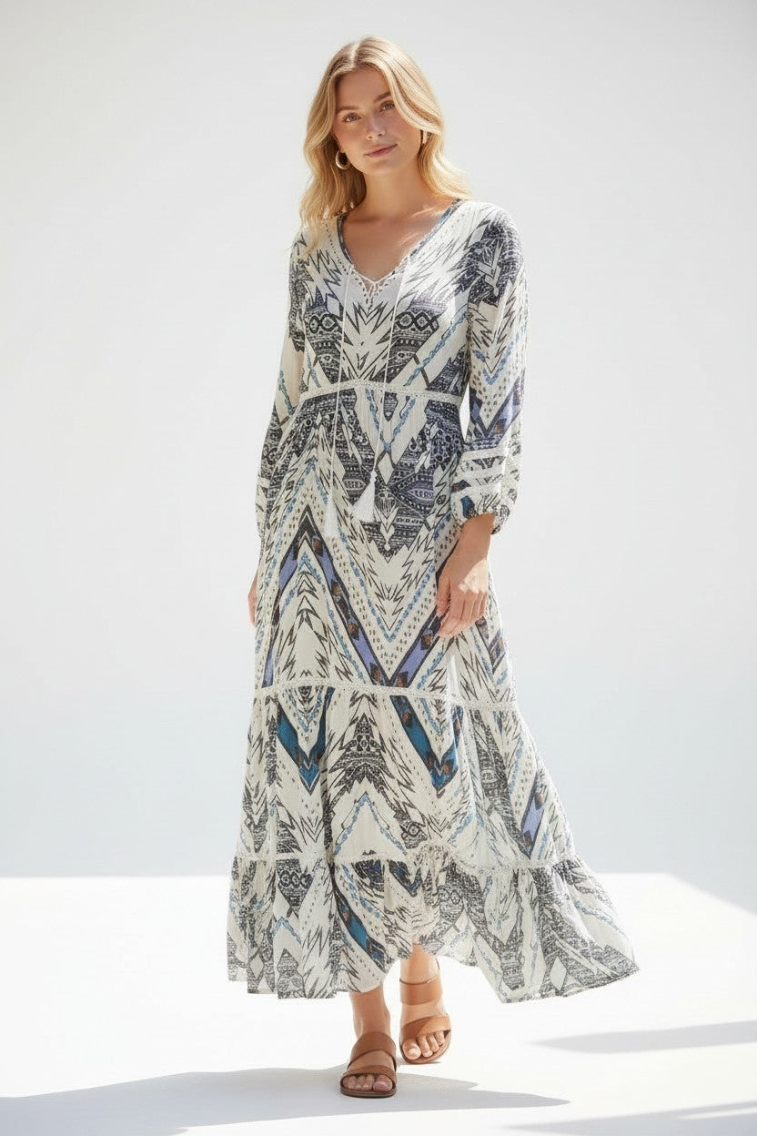 Melissa Odabash lange maxi jurk wit blauw S pre-loved