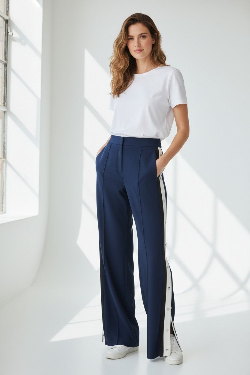 Veronica Beard sporty wijde high waist broek blauw nieuw 36 S tweedehands dames designer