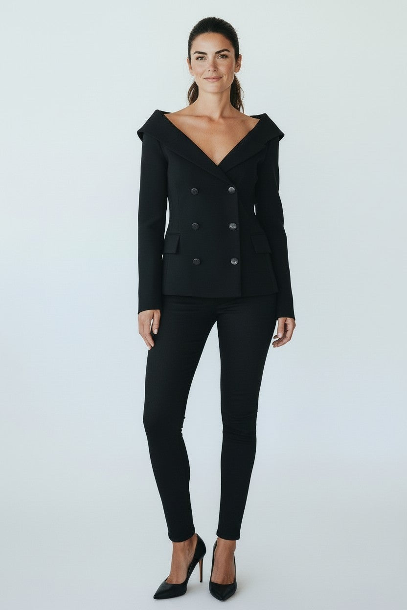 Veronica Beard open nek v hals blazer jasje colbert off-shoulder zwart 38 M tweedehands dames designer