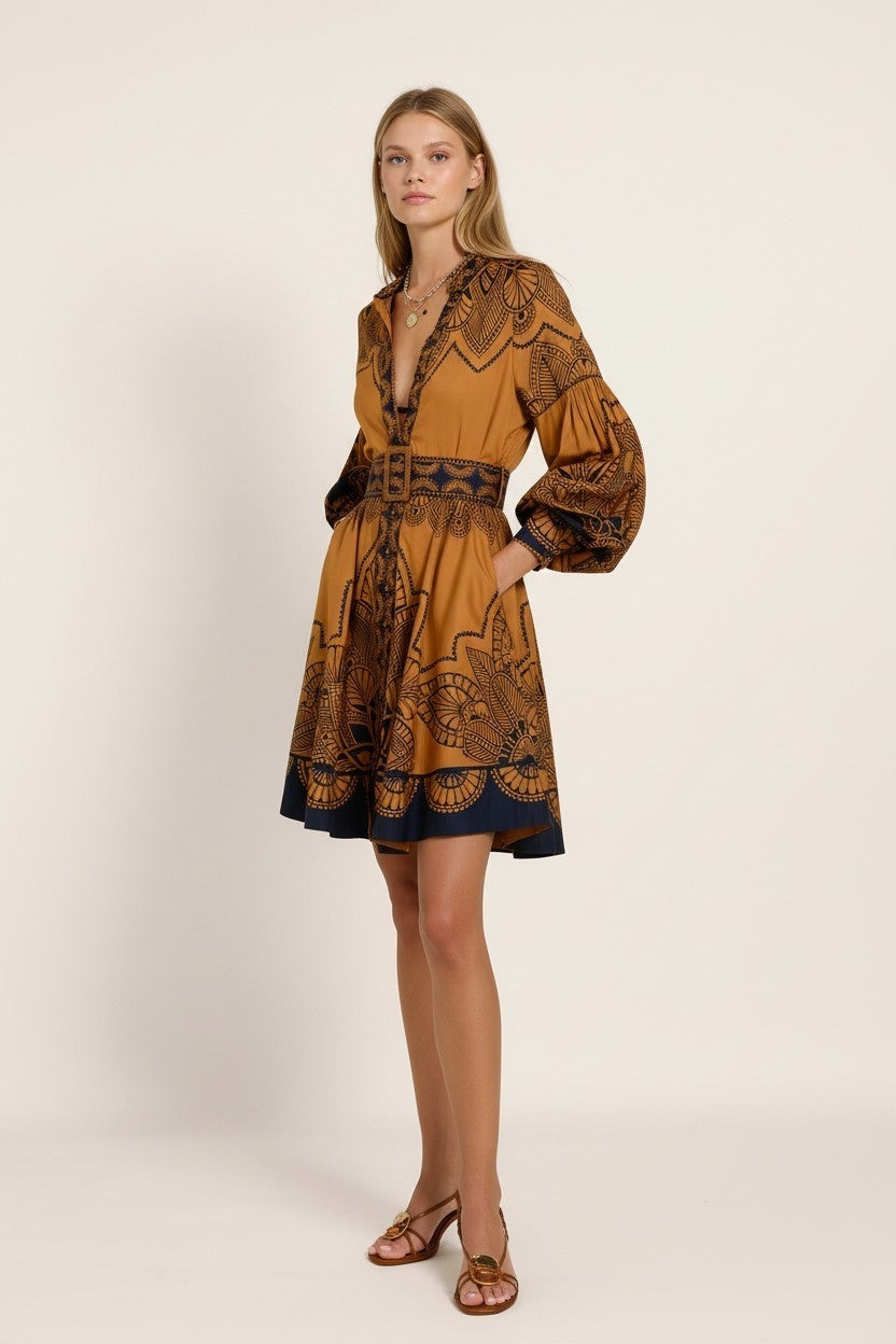 Scarlett Poppies korte jurk Sophia bruin zwart resortwear S katoen Pre-Loved designer