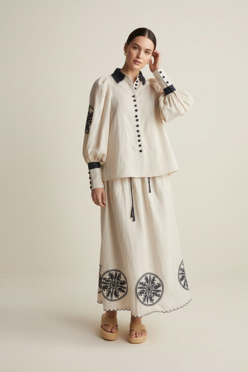 Joslin studio linnen blouse beige zwart boho ibiza pre-loved designer xl