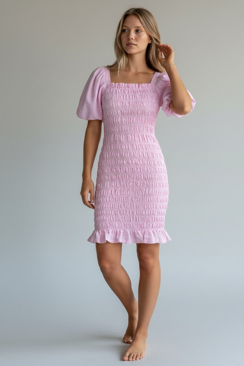 A-view korte jurk roze wit 34 xs nieuw pofmouwen pre-loved nieuw