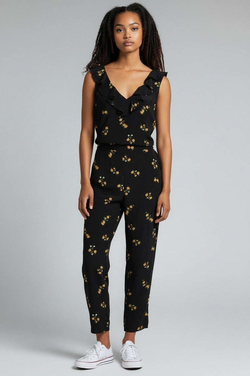 The Kooples mouwloze ruches jumpsuit zwart bloemen zijde pre-loved designer tweedehands  enkellengte