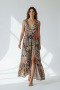 Nikkie boho ibiza aztec lange maxi jurk 38 M open rug met split pre-loved tweedehands