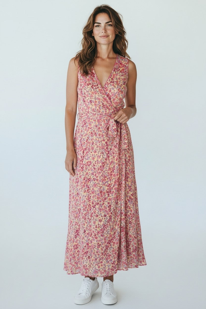 Poupette St Barth lange mouwloze floral maxi jurk ibiza geel roze xs 34