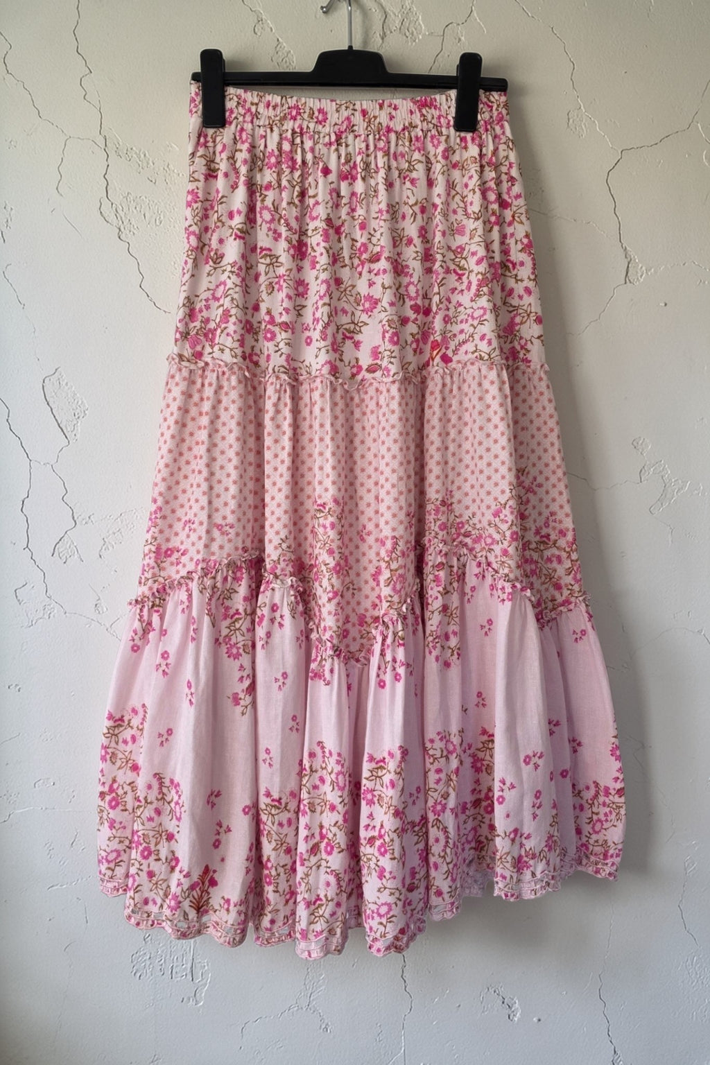 Hemant & Nandita floral ibiza boho midi rok resortwear roze M 38 tweedehands dames designer