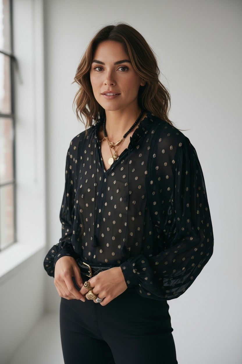 Maison Hotel vega blouse midnight blauw S 36 doorschijnend pre-loved boho ibiza