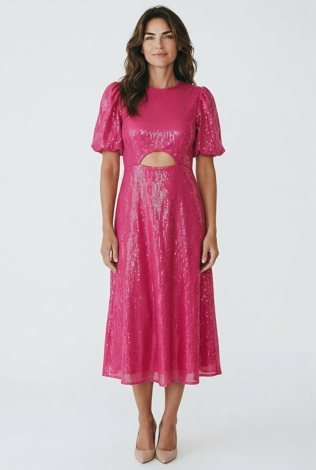 Olivia Rubin pailletten midi jurk Charlie roze xl 42 pofmouwen pre-loved