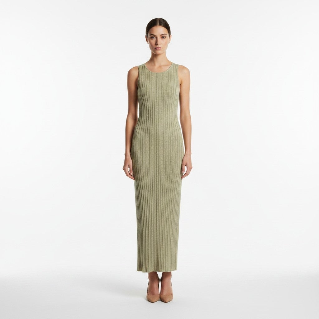 Blanca resortwear maxi knit jurk mouwloos met split geel groen S/M tweedehands dames designer