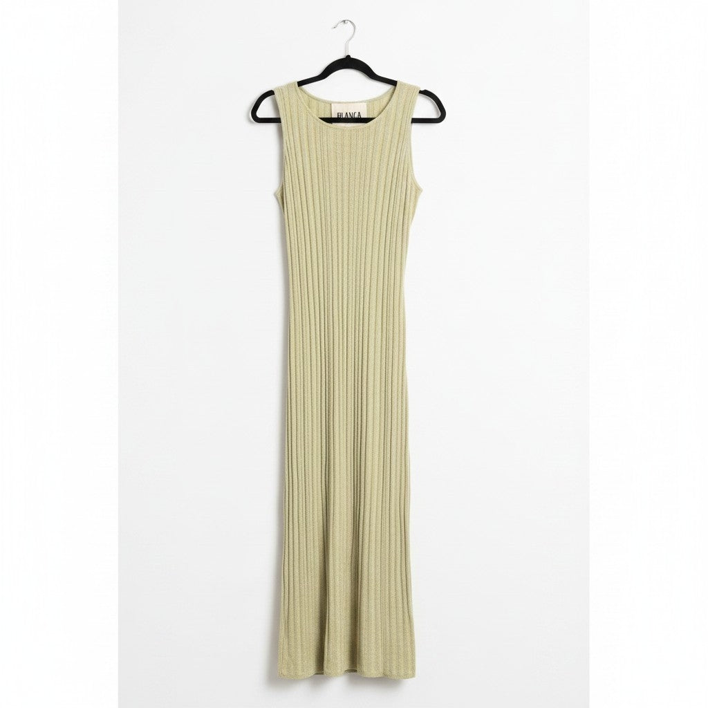 Blanca resortwear maxi knit jurk mouwloos met split geel groen S/M tweedehands dames designer
