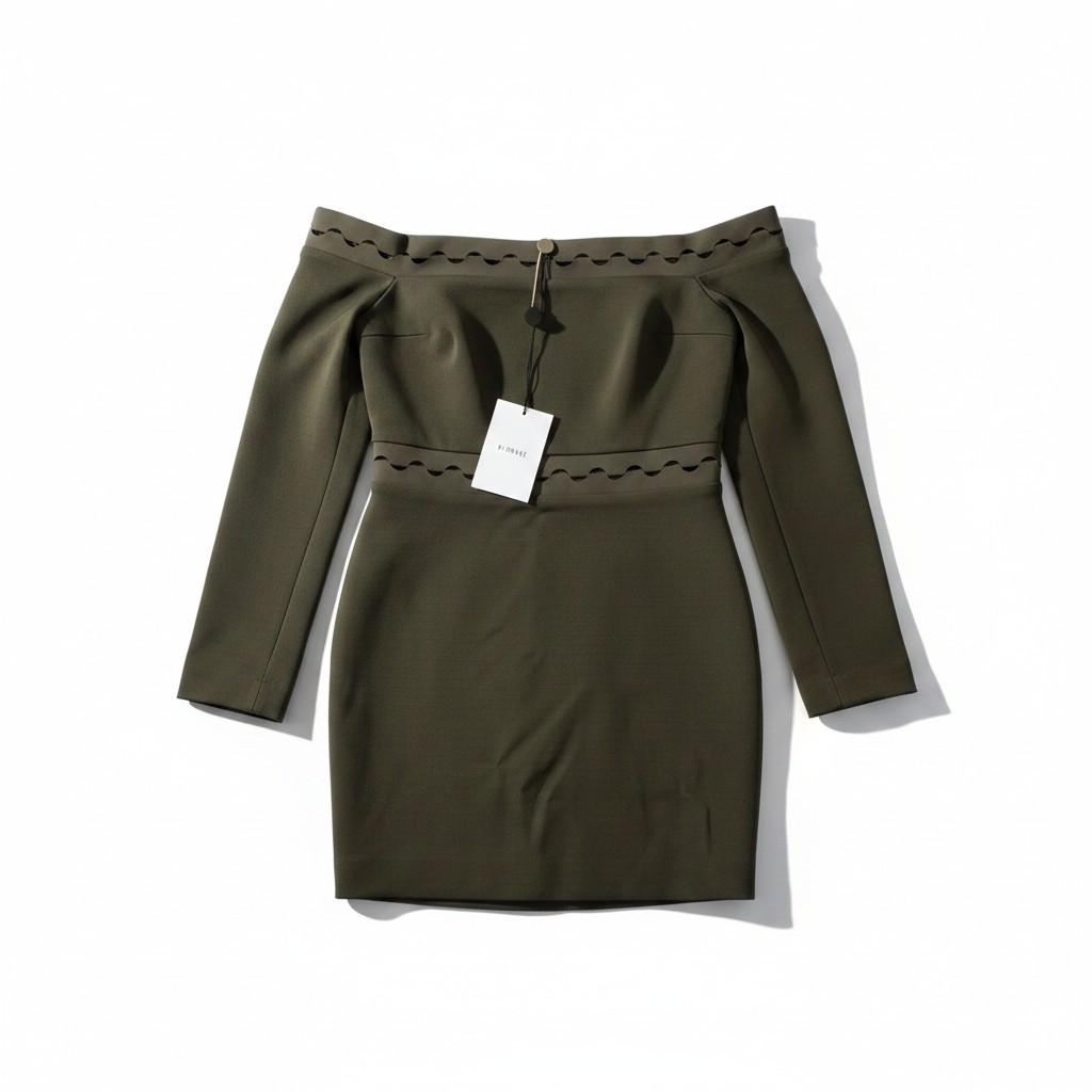 Dion Lee eclipse laced cut out bandage off-shoulder bodycon mini jurk khaki groen 38 M nieuw tweedehands dames designer