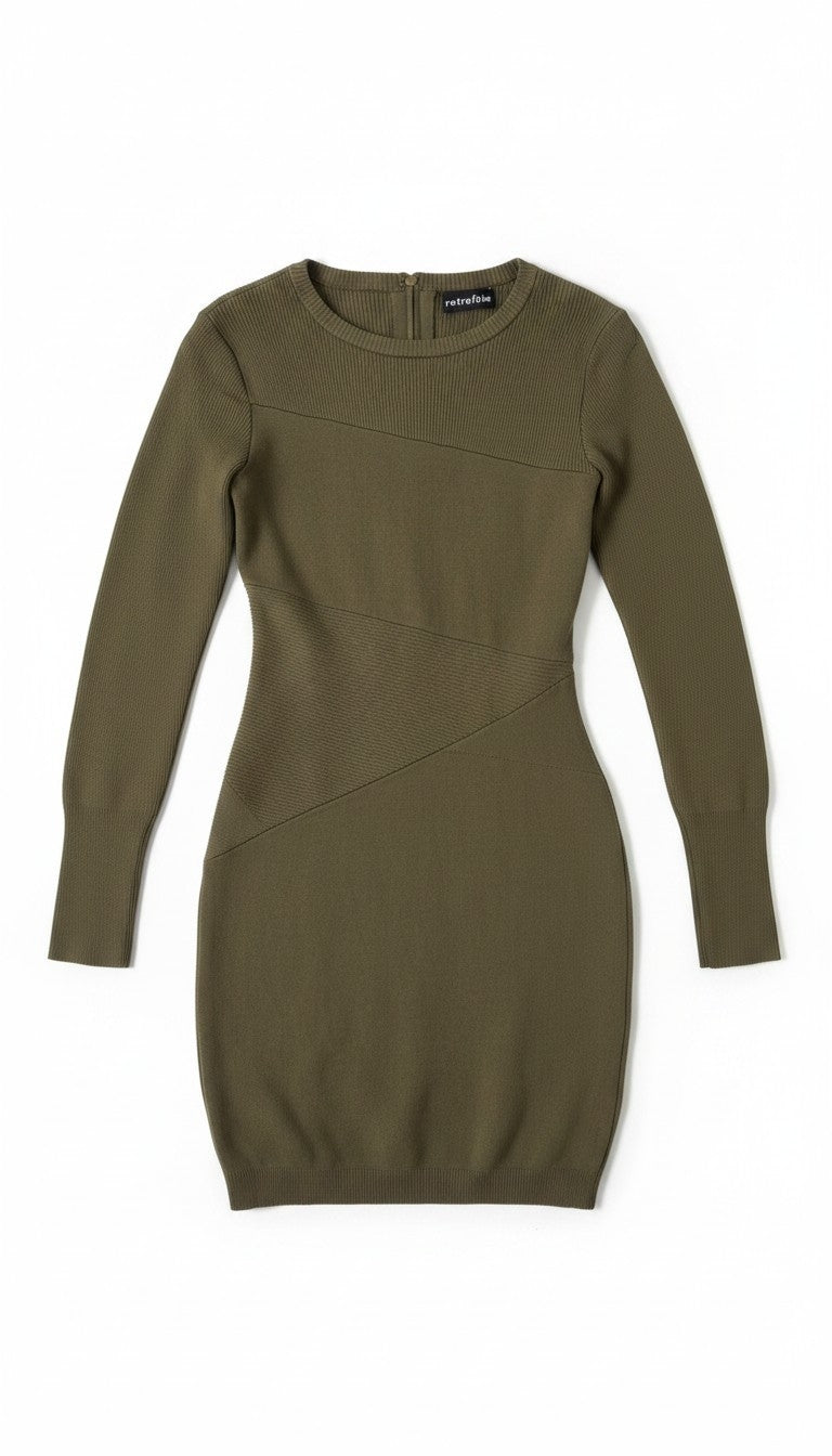 Retrofete bodycon mini jurk Sonja army green groen S 36 tweedehands designer dames