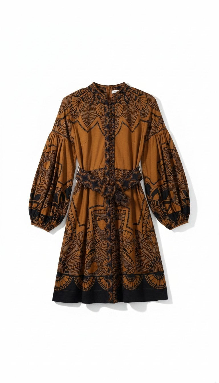 Scarlett Poppies korte jurk Sophia bruin zwart barok resortwear S 36 katoen tweedehands dames designer