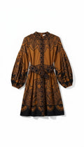Scarlett Poppies korte jurk Sophia bruin zwart barok resortwear S 36 katoen tweedehands dames designer