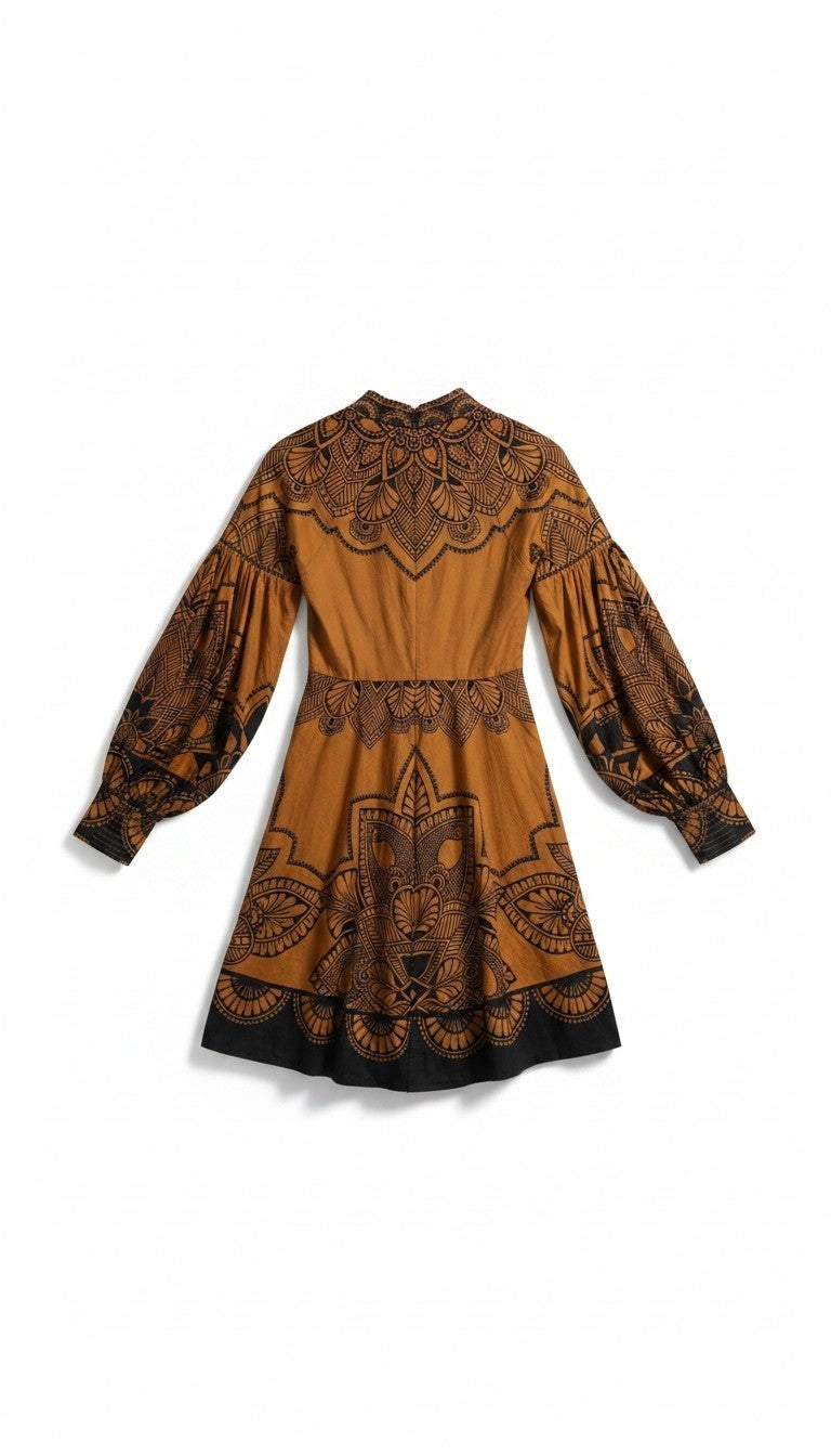 Scarlett Poppies korte jurk Sophia bruin zwart barok resortwear S 36 katoen tweedehands dames designer