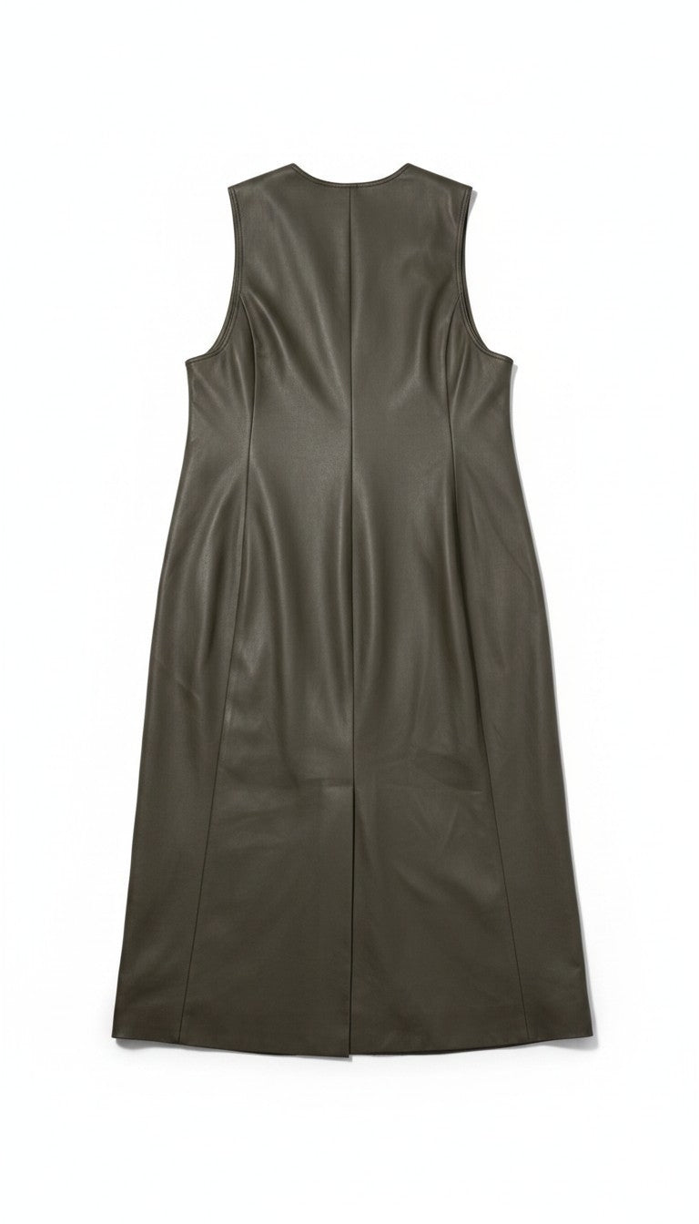 Source Unknown faux leather mouwloze midi jurk Adua bruin S tweedehands dames designer