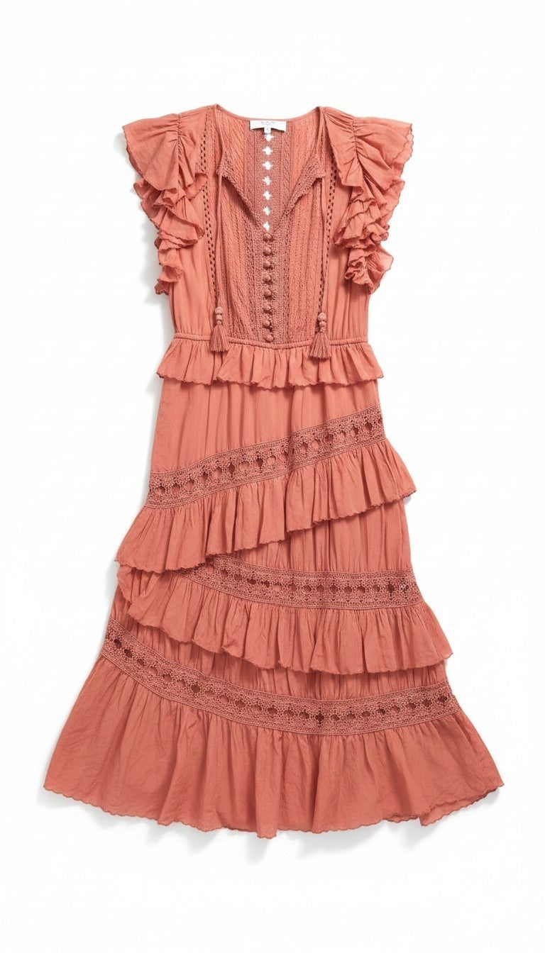 Sea New York crochet pom pom ruffle midi jurk Rosalie zalm roze xs 34 tweedehands designer dames