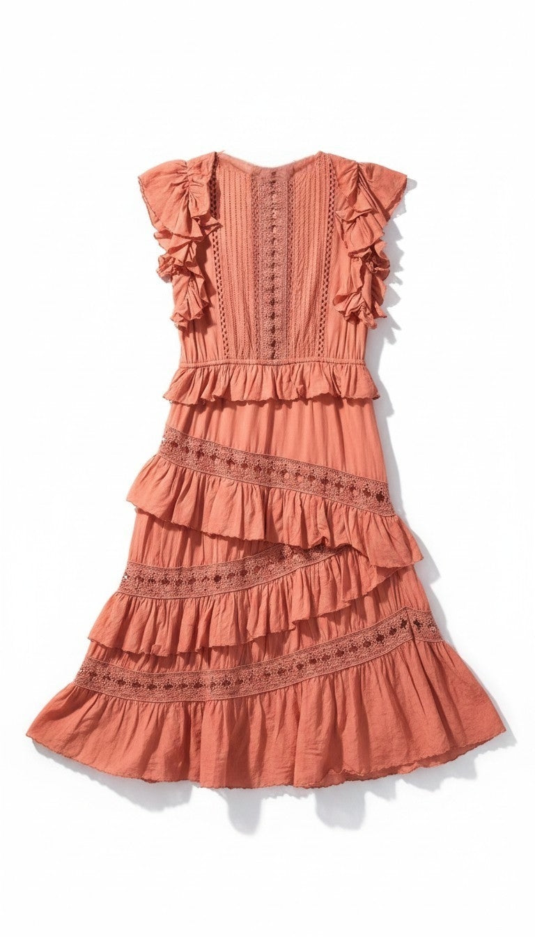 Sea New York crochet pom pom ruffle midi jurk Rosalie zalm roze xs 34 tweedehands designer dames