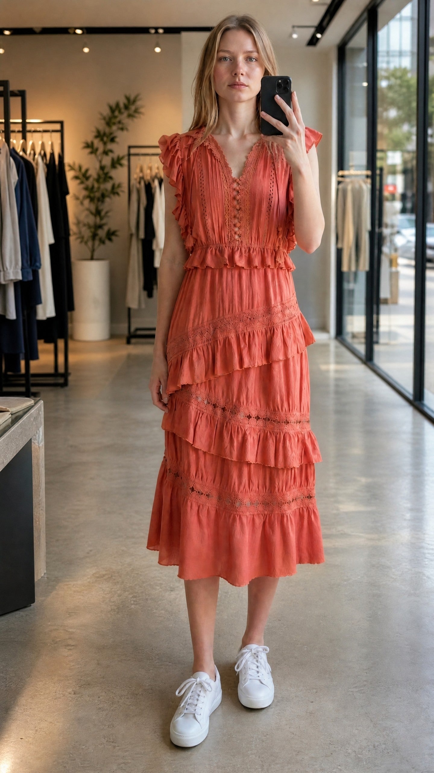 Sea New York crochet pom pom ruffle midi jurk Rosalie zalm roze xs 34 tweedehands designer dames