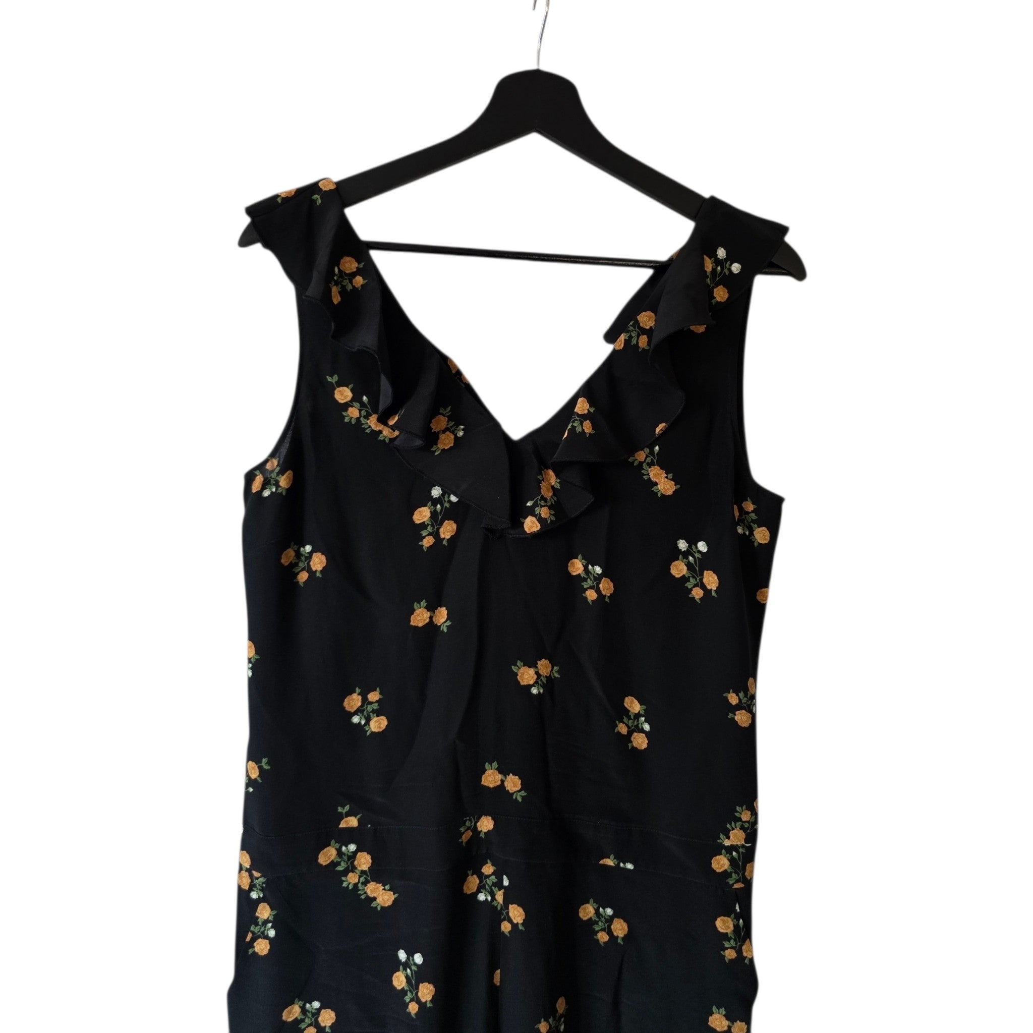 The Kooples mouwloze ruches jumpsuit zwart bloemen zijde pre-loved designer tweedehands  enkellengte