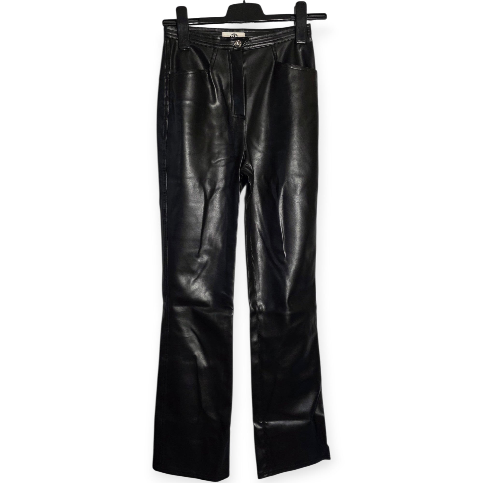 Mugler vintage faux leather dames broek zwart wijde pijpen FR36 34 xs tweedehands designer dames