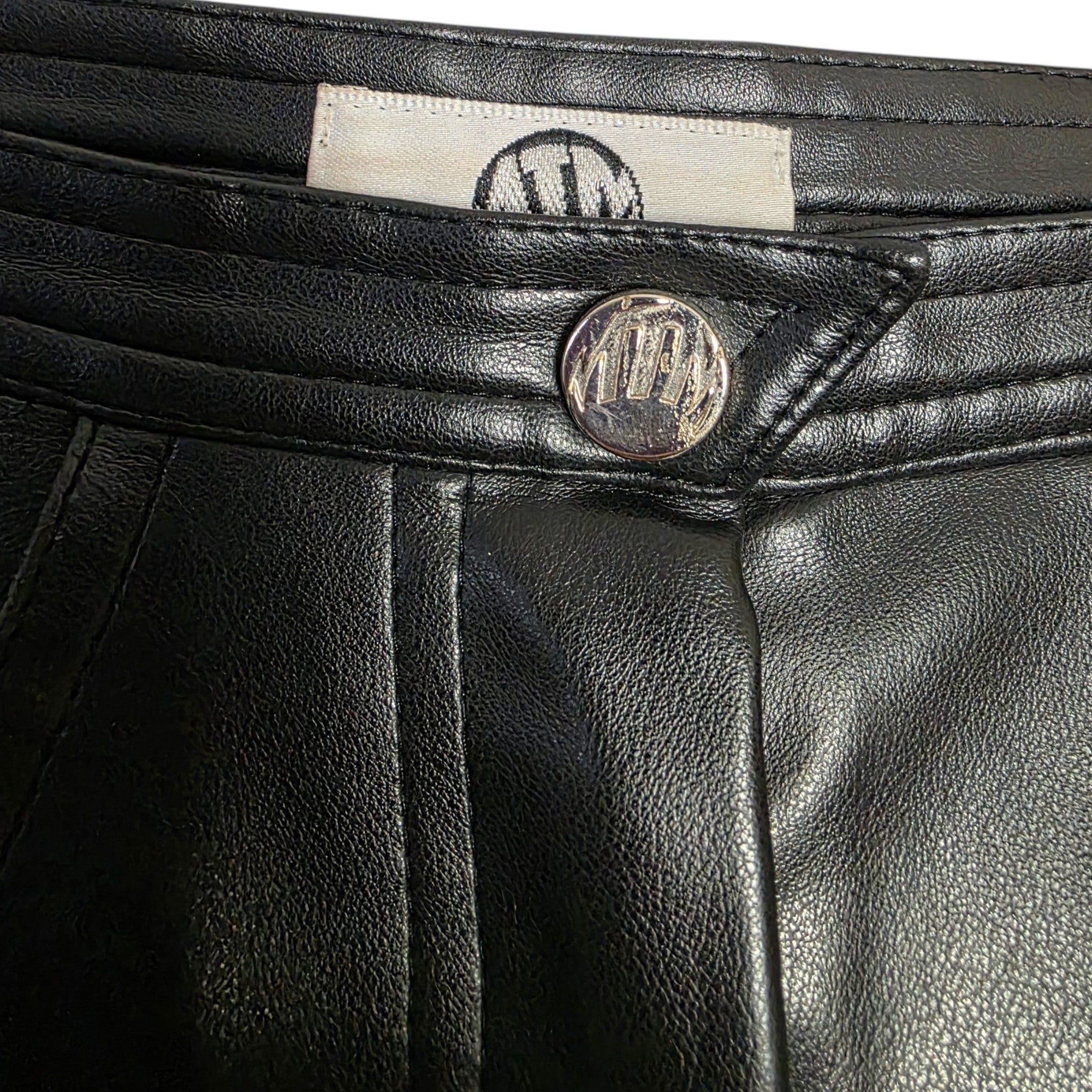 Mugler vintage faux leather dames broek zwart wijde pijpen FR36 34 xs tweedehands designer dames