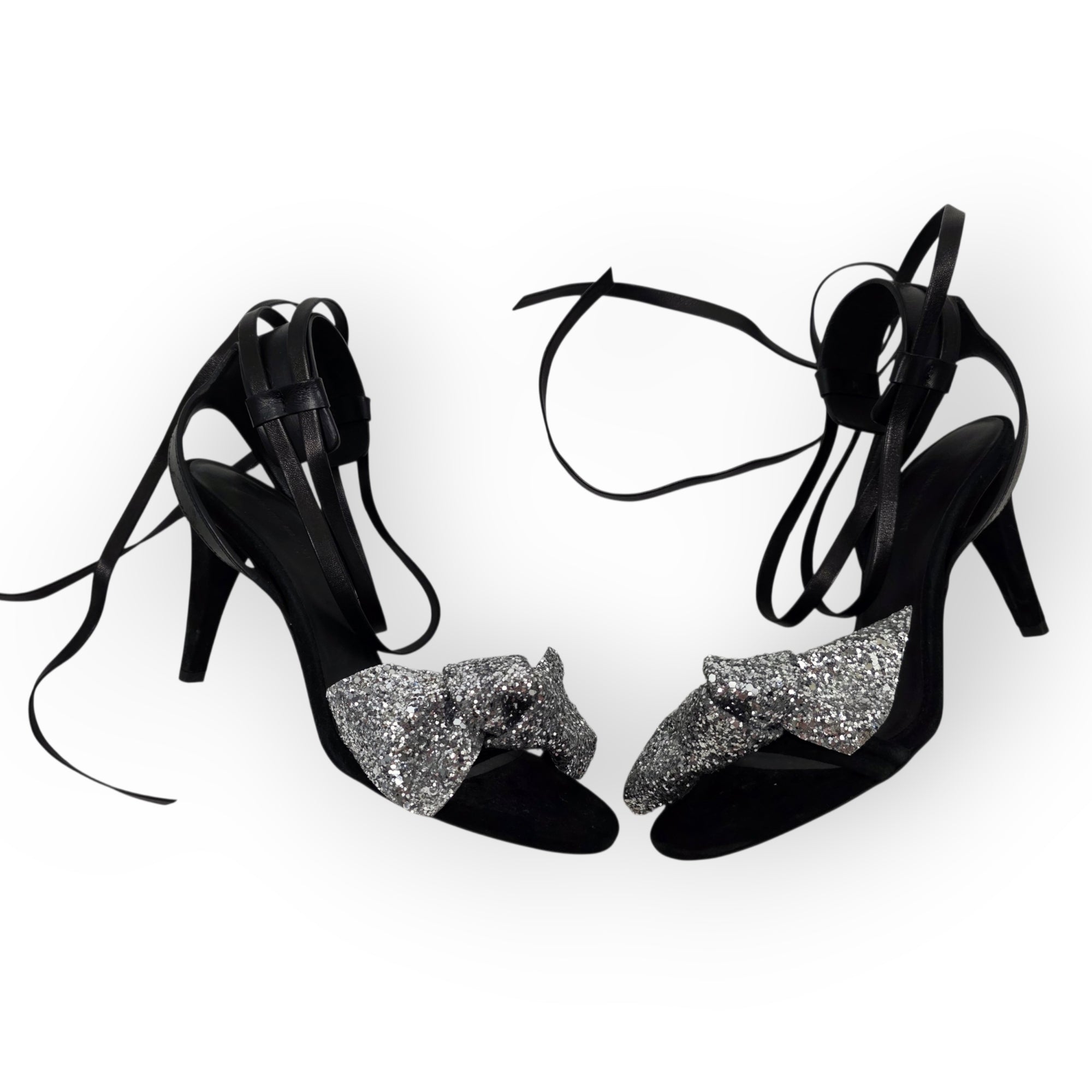 Isabel Marant bow glitter hakken Akynn zwart zilver 36 tweedehands dames designer