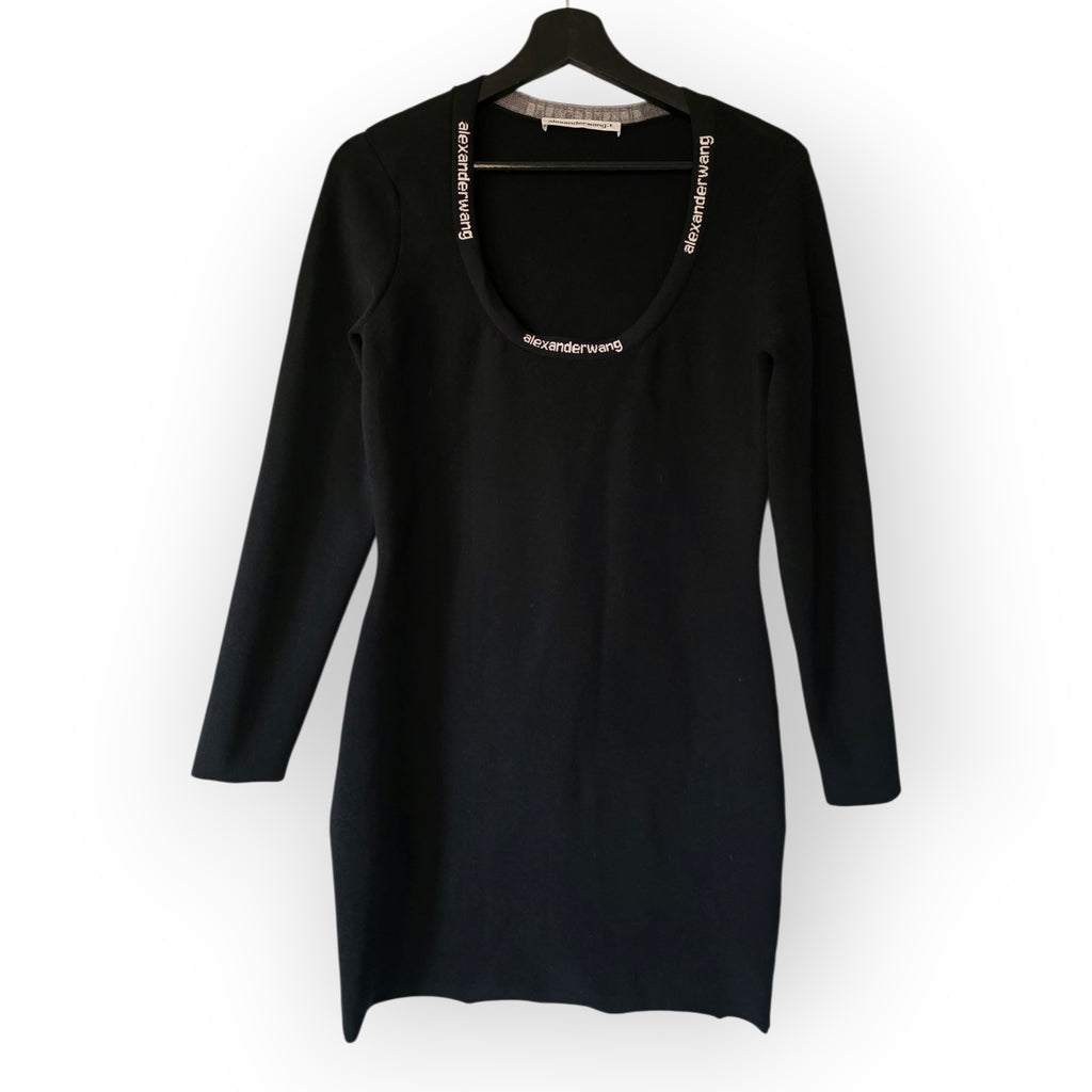 T.Alexander Wang zwart logo bodycon mini‑jurk maat L 38/40 tweedehands dames designer