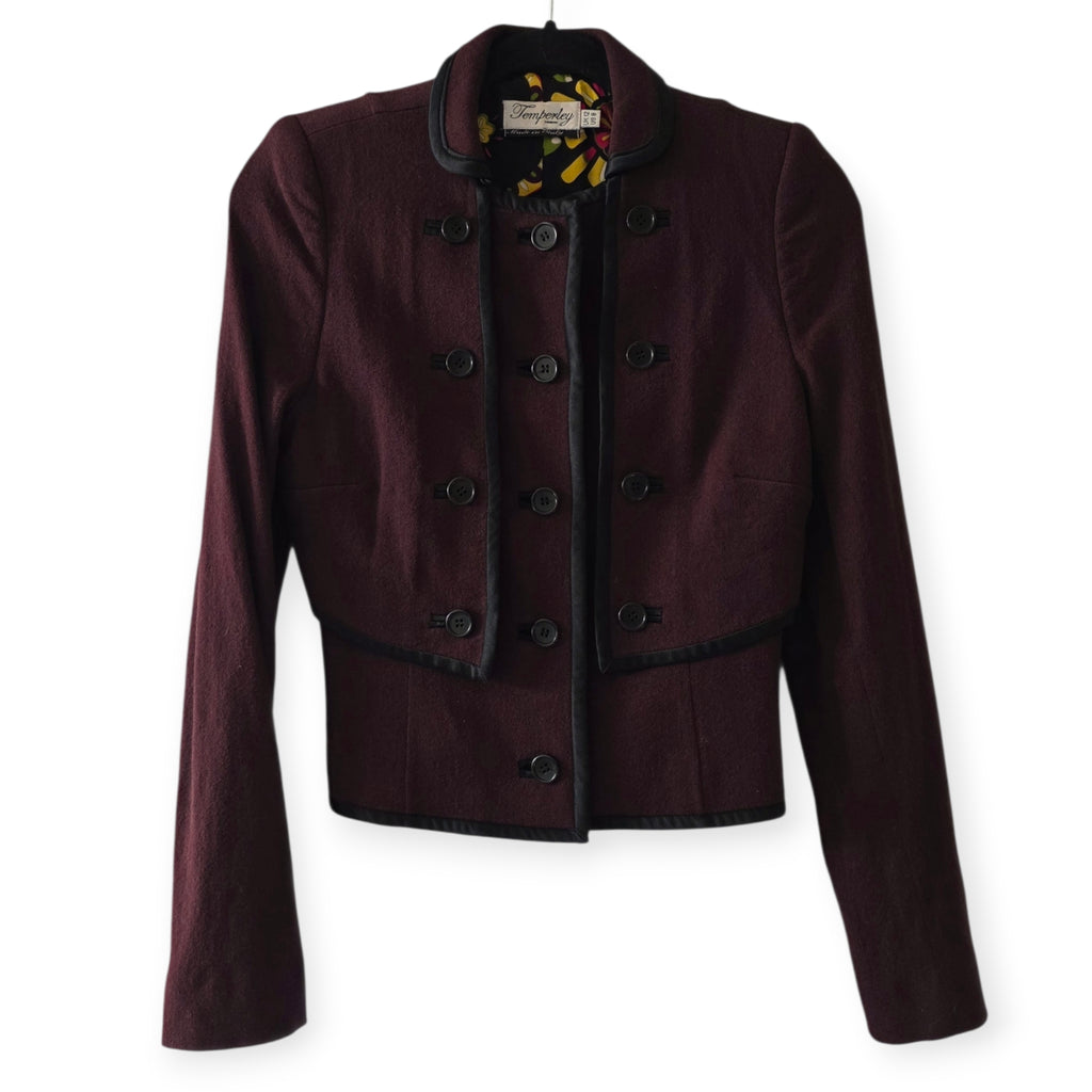Temperley London kort warm jasje jack bordeaux rood wol zijden S/M tweedehands dames designer