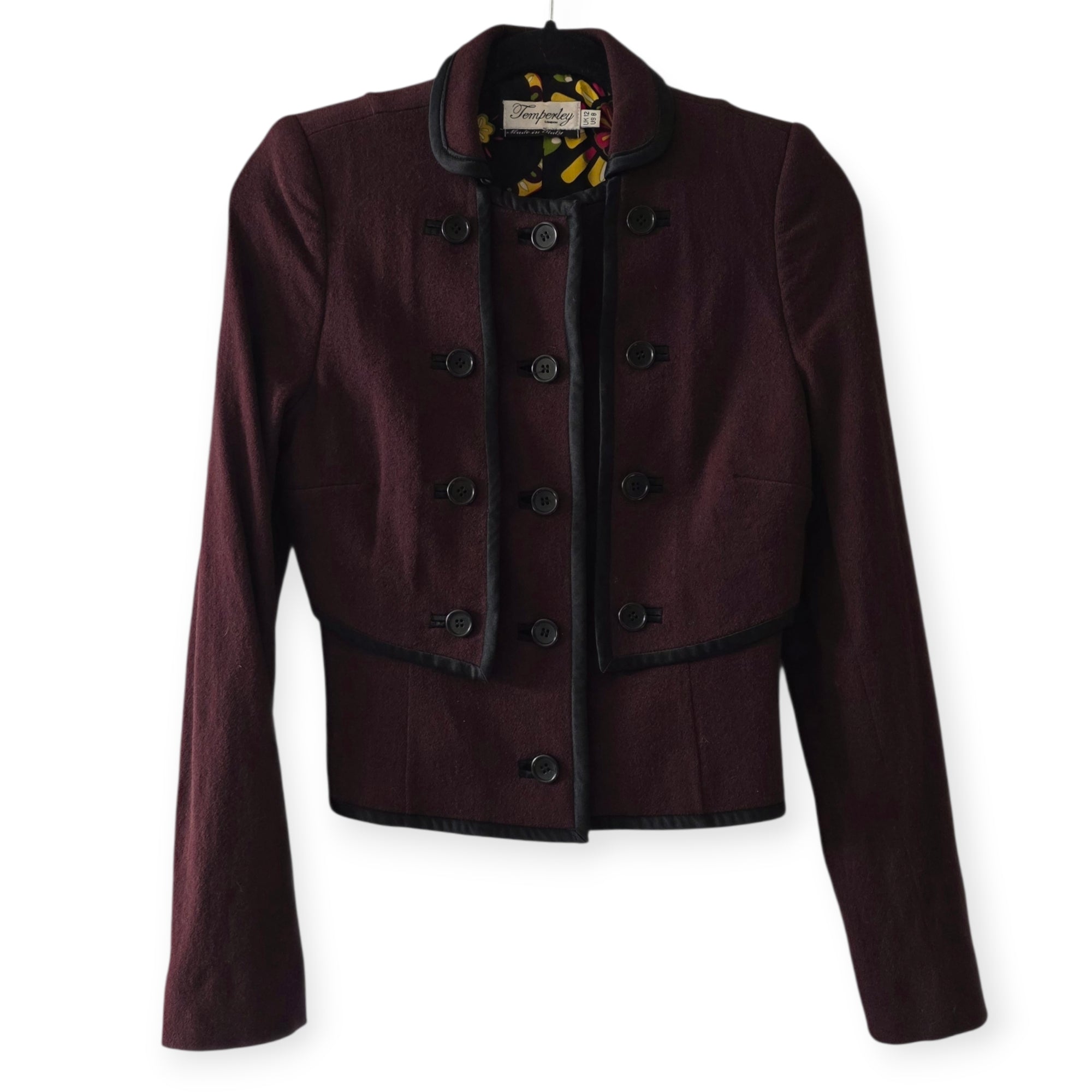 Temperley London kort warm jasje jack bordeaux rood wol zijden S/M tweedehands dames designer