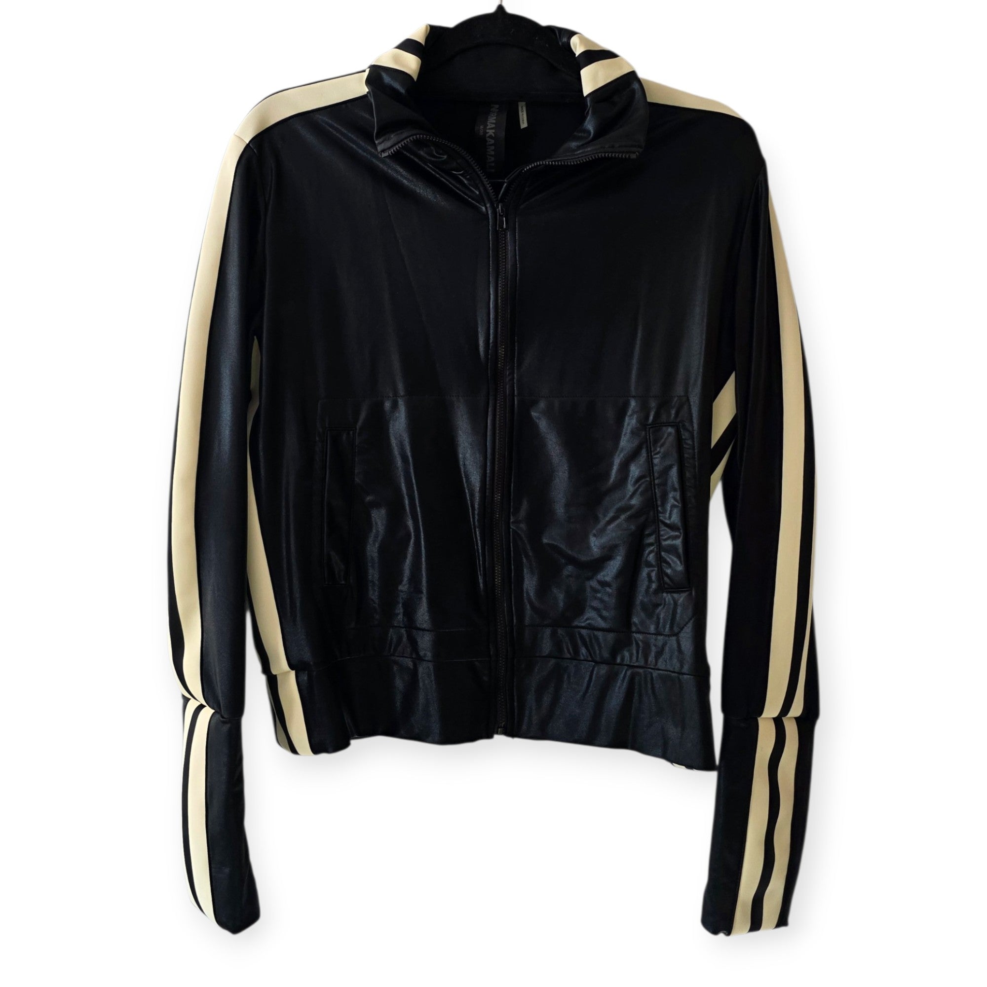 Norma Kamali biker trainings jack jasje zwart creme M 38 tweedehands dames designer