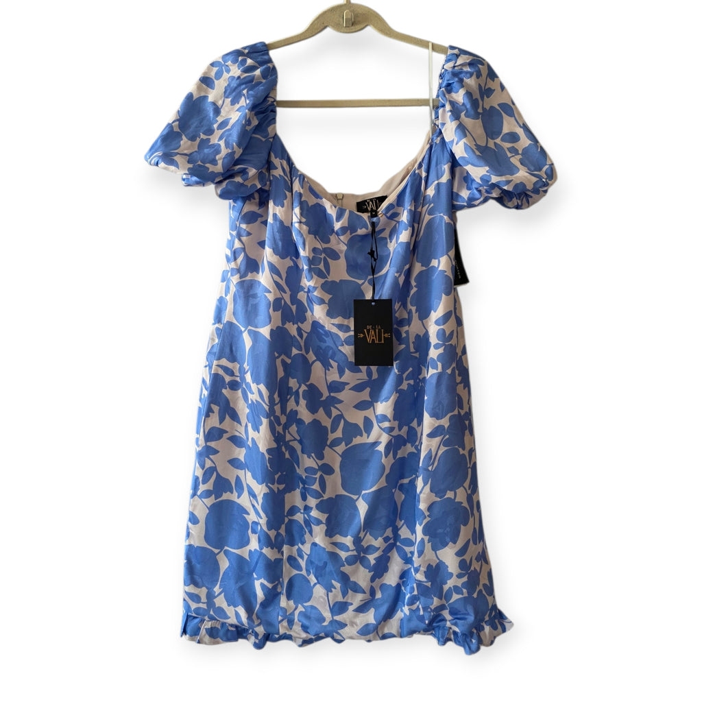 De la vali jacquard korte jurk Koko blauw wit UK14 EU42 tweedehands dames designer