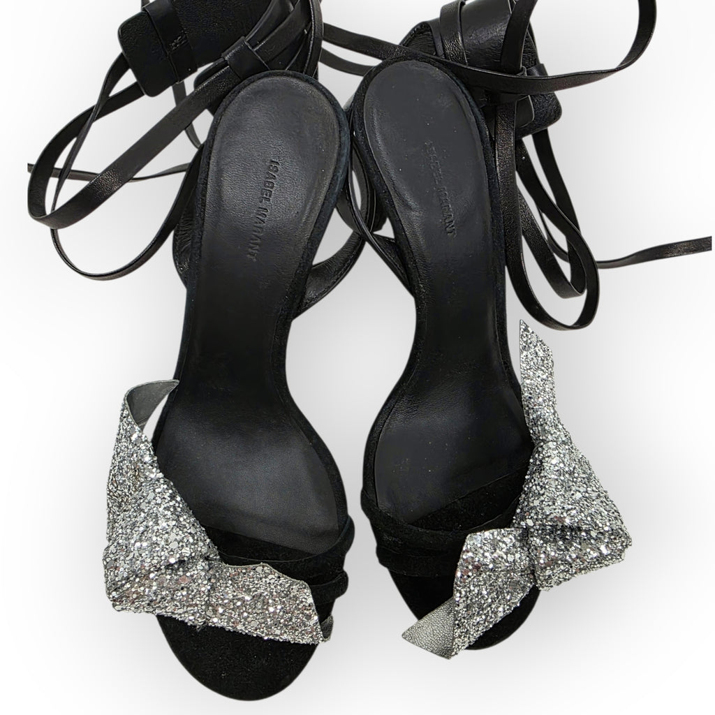 Isabel Marant bow glitter hakken Akynn zwart zilver 36 tweedehands dames designer