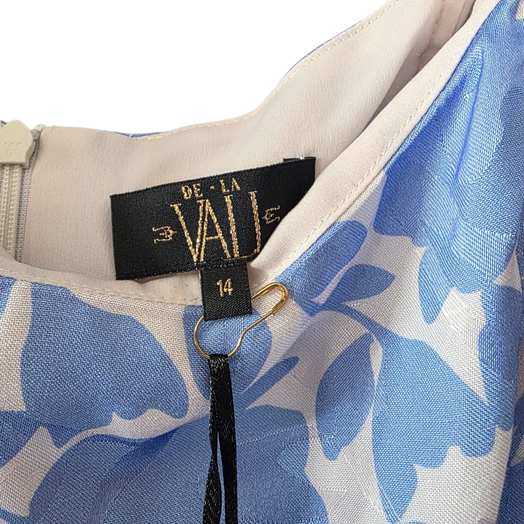 De la vali jacquard korte jurk Koko blauw wit UK14 EU42 tweedehands dames designer