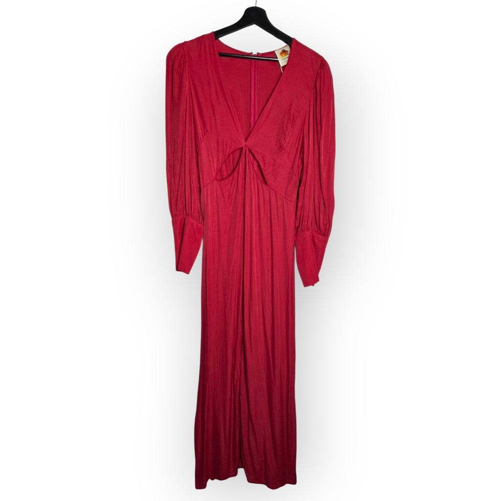 Farm Rio rode puff sleeve cut-out maxi jurk L – nieuw met mini vlekje